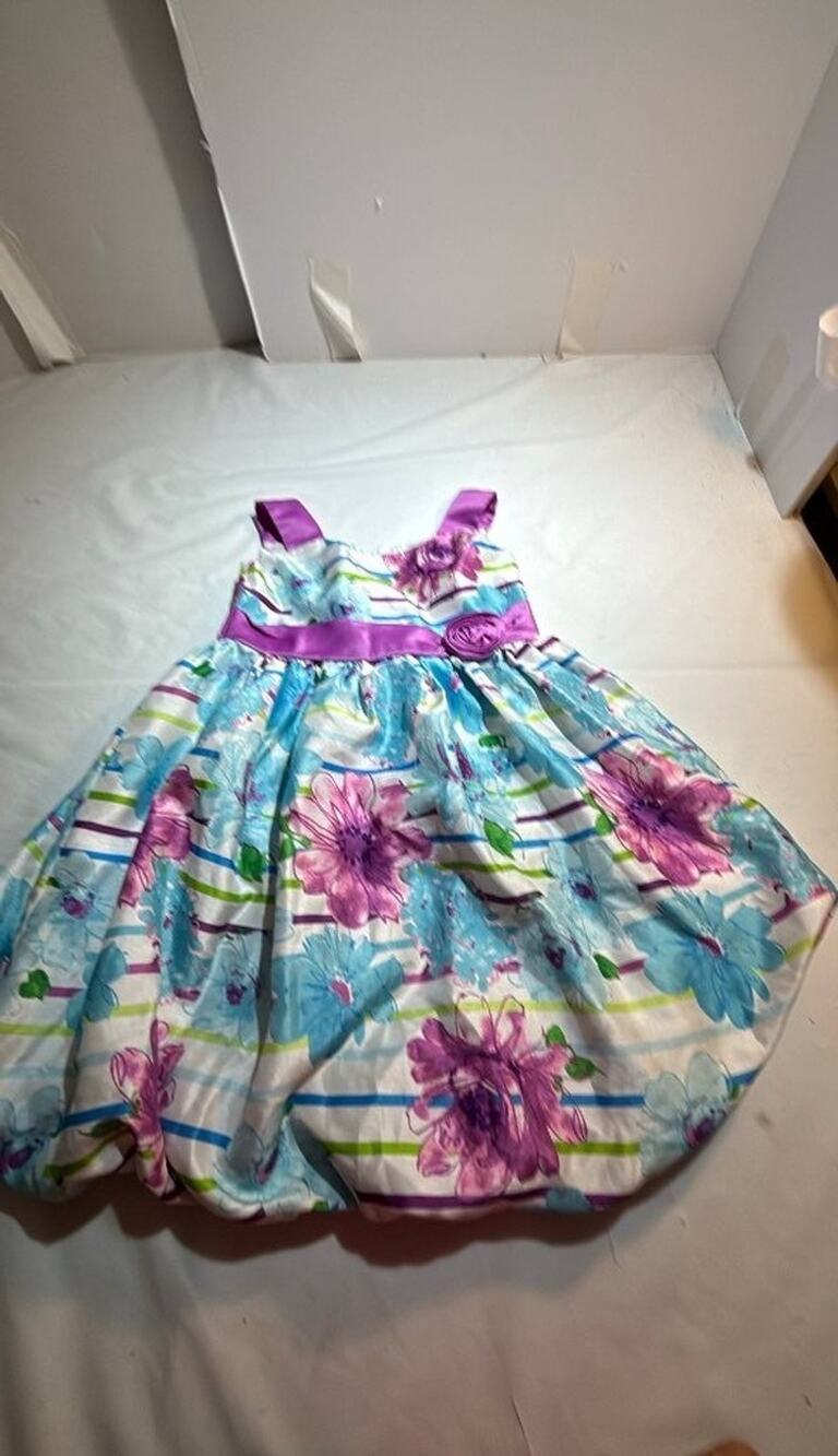 Jessica Ann Floral Striped Girls Dress with Purple Accents